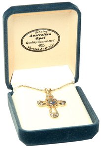 Pendant: Opal/Gold Cross, 22 Carat Gold Plated Stirling Silver Pendant: Opal/Gold Cross, 22 Carat Gold Plated Stirling Silver