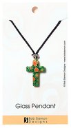Murrine Glass Pendant: Green Cross With Flowers Adjustable Braided Cotton Cord Jewellery