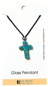 Murrine Glass Pendant: Blue Cross With Flowers Adjustable Braided Cotton Cord Murrine Glass Pendant: Blue Cross With Flowers Adjustable Braided Cotton Cord