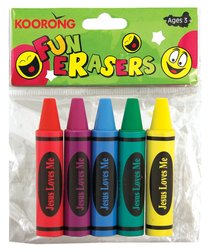 Eraser Pack:5 Crayon Erasers, Jesus Loves Me Eraser Pack:5 Crayon Erasers, Jesus Loves Me