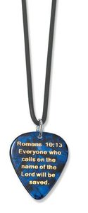 Guitar Pick Necklace on Black Rubber Cord: Pick Jesus Blue Guitar Pick Necklace on Black Rubber Cord: Pick Jesus Blue