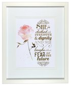 Medium Framed Print: Watercolour Rose, She is Clothed, Proverbs 31:25 Plaque