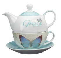 Ceramic Teapot & Colored Saucer: Grace Butterfly White/Green/Blue Ceramic Teapot & Colored Saucer: Grace Butterfly White/Green/Blue