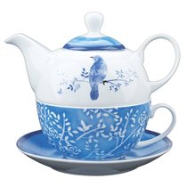 Ceramic Tea Pot & Colored Saucer: Bluebird White/Blue Ceramic Tea Pot & Colored Saucer: Bluebird White/Blue