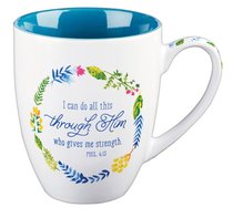 Stoneware Mug: I Can Do All Things... , Blue/White (Colored Wreath) Stoneware Mug: I Can Do All Things... , Blue/White (Colored Wreath)