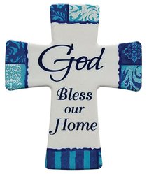 Ceramic Cross Wall Plaque: God Bless Our Home, Blue/Light Blue/White Patterns Ceramic Cross Wall Plaque: God Bless Our Home, Blue/Light Blue/White Patterns