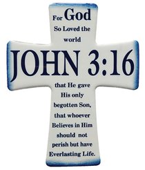 Ceramic Cross Wall Plaque: John 3:16, Blue/White Ceramic Cross Wall Plaque: John 3:16, Blue/White