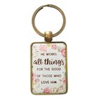 Metal Keyring in Tin: He Works All Things....Peach/Floral (Romans 8:28) Novelty