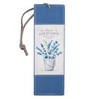 Bookmark: For We Live By Faith, Not By Sight, Blue Flowers in Pot/Brown Cord Tassel (2 Cor 5:7) Imitation Leather