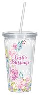 Clear Straw Cup: Easter Blessings, Pink Floral Watercolours Homeware