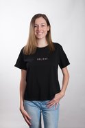 Womens Cube Tee: Believe, Xsmall, Black With Rose Gold Metallic Print (Abide T-shirt Apparel Series) Soft Goods