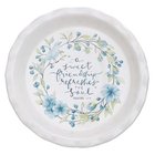 Ceramic Pie Plate Blue Outer, White Inner With Blue Flowers and Bird, Scalloped Edge (Proverbs 27: 9) (Sweet Friendship Collection) Homeware