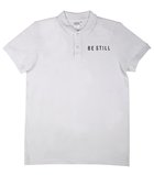 Mens Pique Polo: Be Still, Medium, White With Black Print (Abide T-shirt Apparel Series) Soft Goods