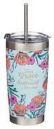 Stainless Steel Travel Mug With Straw: His Grace is Sufficient (2 Cor. 12:9) Poppies (532 Ml) Homeware