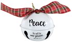 Metal Jingle Bell Ornament: Peace, White With Plaid Bow Homeware