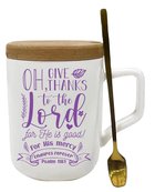 Ceramic Mug With Wooden Lid/Coaster: Give Thanks, Psalm 118:1 Homeware