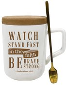 Ceramic Mug With Wooden Lid/Coaster: Watch Stand Fast in the Faith, 1 Corinthians 16:13 Homeware