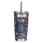 Stainless Steel Travel Mug With Straw: Everything Beautiful (Ecc. 3:11) Navy Floral (591 Ml) Homeware