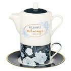 Ceramic Tea For One Set: Be Joyful Always (1 Thess.5:16) White/Navy/Blue (Pot 420 Ml, Cup 250 Ml, Saucer) Homeware