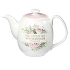 Ceramic Teapot: He Gives Me Strength (Psalm 23:3) White/Pink/Floral (1006 Ml) Homeware
