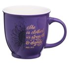Ceramic Mug: She is Clothed in Strength (Proverbs 31:25) Purple (414 Ml) Homeware