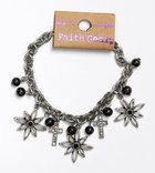 Women's Faith Gear Bracelet: Flower Cross, Silver With Black Beads Jewellery